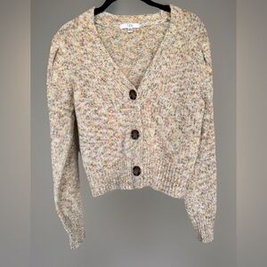 Q&A Womens Cropped Button Up Long Puff Sleeve Knit Cardigan Multicolored Medium